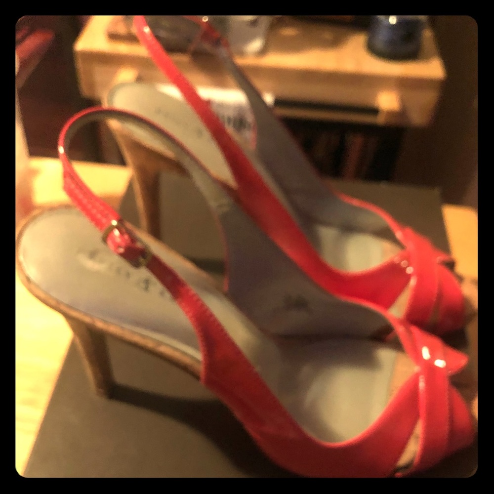 Open toe and heel coral faux patent heels